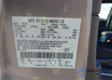 2008 Ford Escape Xlt z USA, uszkodzony, nr VIN 1FMCU03ZX8KE48639
